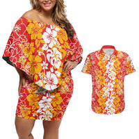 Hawaiian Lei Day Couples Matching Off Shoulder Short Dress and Hawaiian Shirt Red Hibiscus Flowers Lei Art LT9 Red - Polynesian Pride