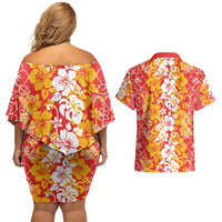 Hawaiian Lei Day Couples Matching Off Shoulder Short Dress and Hawaiian Shirt Red Hibiscus Flowers Lei Art LT9 - Polynesian Pride