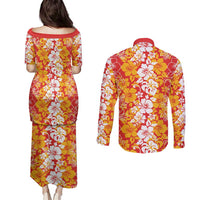 Hawaiian Lei Day Couples Matching Puletasi and Long Sleeve Button Shirt Red Hibiscus Flowers Lei Art LT9 - Polynesian Pride