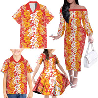 Hawaiian Lei Day Family Matching Off The Shoulder Long Sleeve Dress and Hawaiian Shirt Red Hibiscus Flowers Lei Art