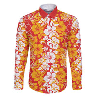 Hawaiian Lei Day Family Matching Off The Shoulder Long Sleeve Dress and Hawaiian Shirt Red Hibiscus Flowers Lei Art