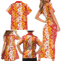 Hawaiian Lei Day Family Matching Short Sleeve Bodycon Dress and Hawaiian Shirt Red Hibiscus Flowers Lei Art LT9 - Polynesian Pride