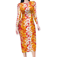 Hawaiian Lei Day Long Sleeve Bodycon Dress Red Hibiscus Flowers Lei Art LT9 Long Dress Red - Polynesian Pride