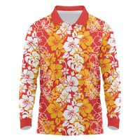 Hawaiian Lei Day Long Sleeve Polo Shirt Red Hibiscus Flowers Lei Art