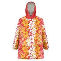 Hawaiian Lei Day Wearable Blanket Hoodie Red Hibiscus Flowers Lei Art LT9 One Size Red - Polynesian Pride