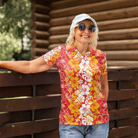 Hawaiian Lei Day Women Polo Shirt Red Hibiscus Flowers Lei Art