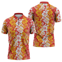Hawaiian Lei Day Zipper Polo Shirt Red Hibiscus Flowers Lei Art - Polynesian Pride
