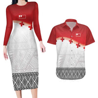 Ikale Tahi Pacific Tonga Rugby Custom Couples Matching Long Sleeve Bodycon Dress and Hawaiian Shirt Tongan Ngatu with Flag Pattern