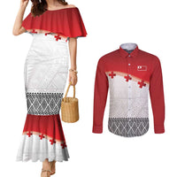 Ikale Tahi Pacific Tonga Rugby Custom Couples Matching Mermaid Dress and Long Sleeve Button Shirt Tongan Ngatu with Flag Pattern