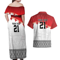 Ikale Tahi Pacific Tonga Rugby Custom Couples Matching Off Shoulder Maxi Dress and Hawaiian Shirt Tongan Ngatu with Flag Pattern
