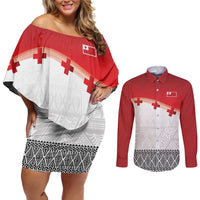 Ikale Tahi Pacific Tonga Rugby Custom Couples Matching Off Shoulder Short Dress and Long Sleeve Button Shirt Tongan Ngatu with Flag Pattern