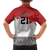 Ikale Tahi Pacific Tonga Rugby Custom Family Matching Off The Shoulder Long Sleeve Dress and Hawaiian Shirt Tongan Ngatu with Flag Pattern