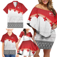 Ikale Tahi Pacific Tonga Rugby Custom Family Matching Off Shoulder Short Dress and Hawaiian Shirt Tongan Ngatu with Flag Pattern