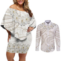 Tokelau Gardenia Thunbergia Couples Matching Off Shoulder Short Dress and Long Sleeve Button Shirt Polynesian Art Vibe LT9 White - Polynesian Pride