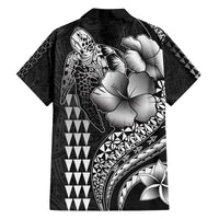 Hawaiian Sea Turtle Family Matching Off Shoulder Short Dress and Hawaiian Shirt Black Hibiscus Flowers and Kakau Pattern