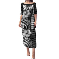 Hawaiian Sea Turtle Family Matching Puletasi and Hawaiian Shirt Black Hibiscus Flowers and Kakau Pattern