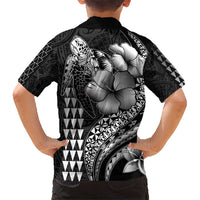 Hawaiian Sea Turtle Kid Hawaiian Shirt Black Hibiscus Flowers and Kakau Pattern