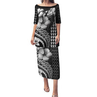 Hawaiian Sea Turtle Puletasi Black Hibiscus Flowers and Kakau Pattern