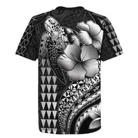Hawaiian Sea Turtle Rugby Jersey Black Hibiscus Flowers and Kakau Pattern