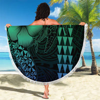 Hawaiian Sea Turtle Beach Blanket Blue Hibiscus Flowers and Kakau Pattern