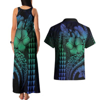 Hawaiian Sea Turtle Couples Matching Tank Maxi Dress and Hawaiian Shirt Blue Hibiscus Flowers and Kakau Pattern