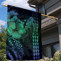 Hawaiian Sea Turtle Garden Flag Blue Hibiscus Flowers and Kakau Pattern