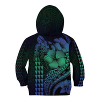 Hawaiian Sea Turtle Kid Hoodie Blue Hibiscus Flowers and Kakau Pattern