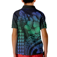 Hawaiian Sea Turtle Kid Polo Shirt Blue Hibiscus Flowers and Kakau Pattern