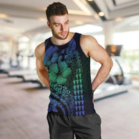 Hawaiian Sea Turtle Men Tank Top Blue Hibiscus Flowers and Kakau Pattern