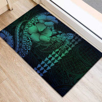 Hawaiian Sea Turtle Rubber Doormat Blue Hibiscus Flowers and Kakau Pattern