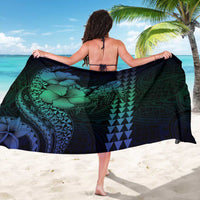 Hawaiian Sea Turtle Sarong Blue Hibiscus Flowers and Kakau Pattern
