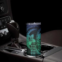 Hawaiian Sea Turtle Skinny Tumbler Blue Hibiscus Flowers and Kakau Pattern