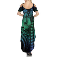 Hawaiian Sea Turtle Summer Maxi Dress Blue Hibiscus Flowers and Kakau Pattern