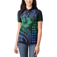 Hawaiian Sea Turtle Women Polo Shirt Blue Hibiscus Flowers and Kakau Pattern