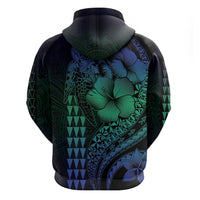 Hawaiian Sea Turtle Zip Hoodie Blue Hibiscus Flowers and Kakau Pattern