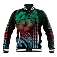 Hawaiian Sea Turtle Baseball Jacket Green Hibiscus Flowers and Kakau Pattern