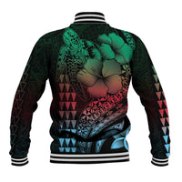 Hawaiian Sea Turtle Baseball Jacket Green Hibiscus Flowers and Kakau Pattern