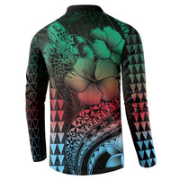 Hawaiian Sea Turtle Button Sweatshirt Green Hibiscus Flowers and Kakau Pattern