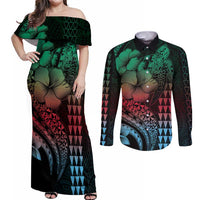 Hawaiian Sea Turtle Couples Matching Off Shoulder Maxi Dress and Long Sleeve Button Shirt Green Hibiscus Flowers and Kakau Pattern