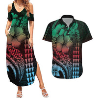 Hawaiian Sea Turtle Couples Matching Summer Maxi Dress and Hawaiian Shirt Green Hibiscus Flowers and Kakau Pattern