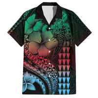 Hawaiian Sea Turtle Family Matching Off Shoulder Short Dress and Hawaiian Shirt Green Hibiscus Flowers and Kakau Pattern