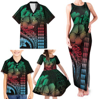 Hawaiian Sea Turtle Family Matching Tank Maxi Dress and Hawaiian Shirt Green Hibiscus Flowers and Kakau Pattern
