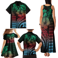 Hawaiian Sea Turtle Family Matching Tank Maxi Dress and Hawaiian Shirt Green Hibiscus Flowers and Kakau Pattern