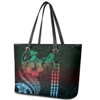 Hawaiian Sea Turtle Leather Tote Bag Green Hibiscus Flowers and Kakau Pattern