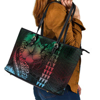 Hawaiian Sea Turtle Leather Tote Bag Green Hibiscus Flowers and Kakau Pattern