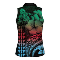 Hawaiian Sea Turtle Women Sleeveless Polo Shirt Green Hibiscus Flowers and Kakau Pattern