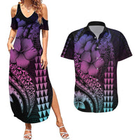 Hawaiian Sea Turtle Couples Matching Summer Maxi Dress and Hawaiian Shirt Pink Hibiscus Flowers and Kakau Pattern