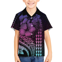 Hawaiian Sea Turtle Kid Hawaiian Shirt Pink Hibiscus Flowers and Kakau Pattern