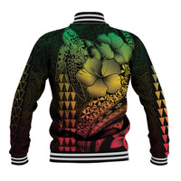 Hawaiian Sea Turtle Baseball Jacket Reggae Hibiscus Flowers and Kakau Pattern