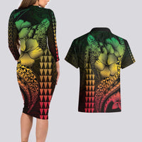 Hawaiian Sea Turtle Couples Matching Long Sleeve Bodycon Dress and Hawaiian Shirt Reggae Hibiscus Flowers and Kakau Pattern